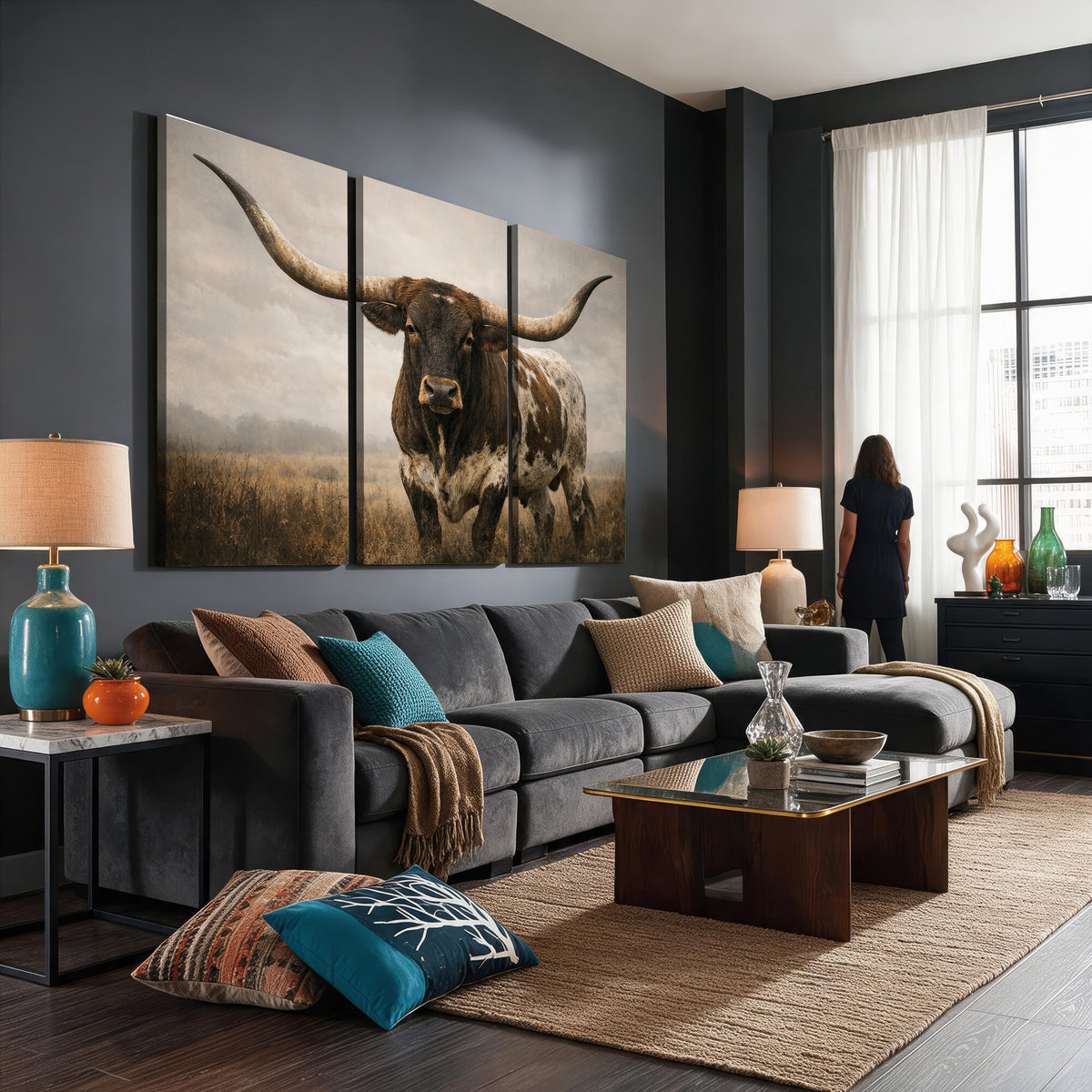 17622011L-_Poster-30x20 - Longhorn Bull Wall Art Canvas Print, Western Farmhouse Decor