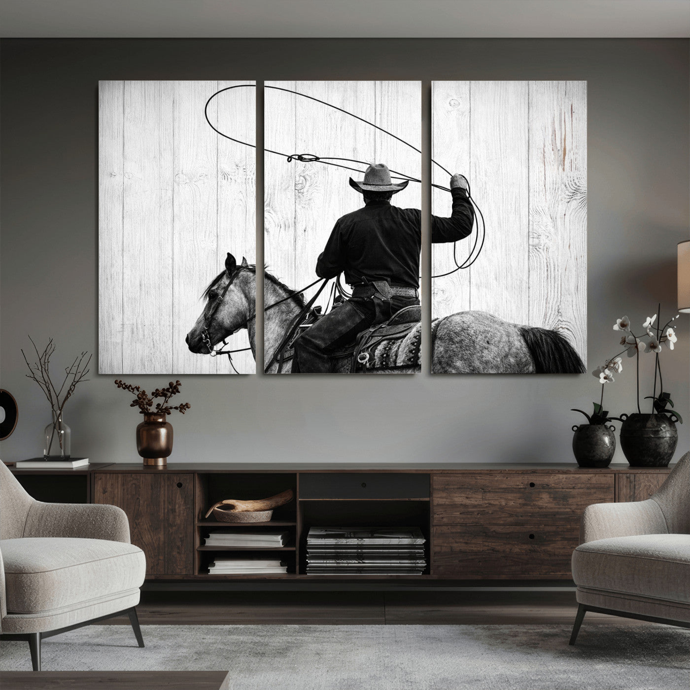 22569358-MGV-CV-36X24 - Cowboy Lasso Canvas Wall Art, Black White Western Horse Photo Print, Rustic Ranch Rodeo Decor, Farmhouse Western Art, Cowboy Gift for Him