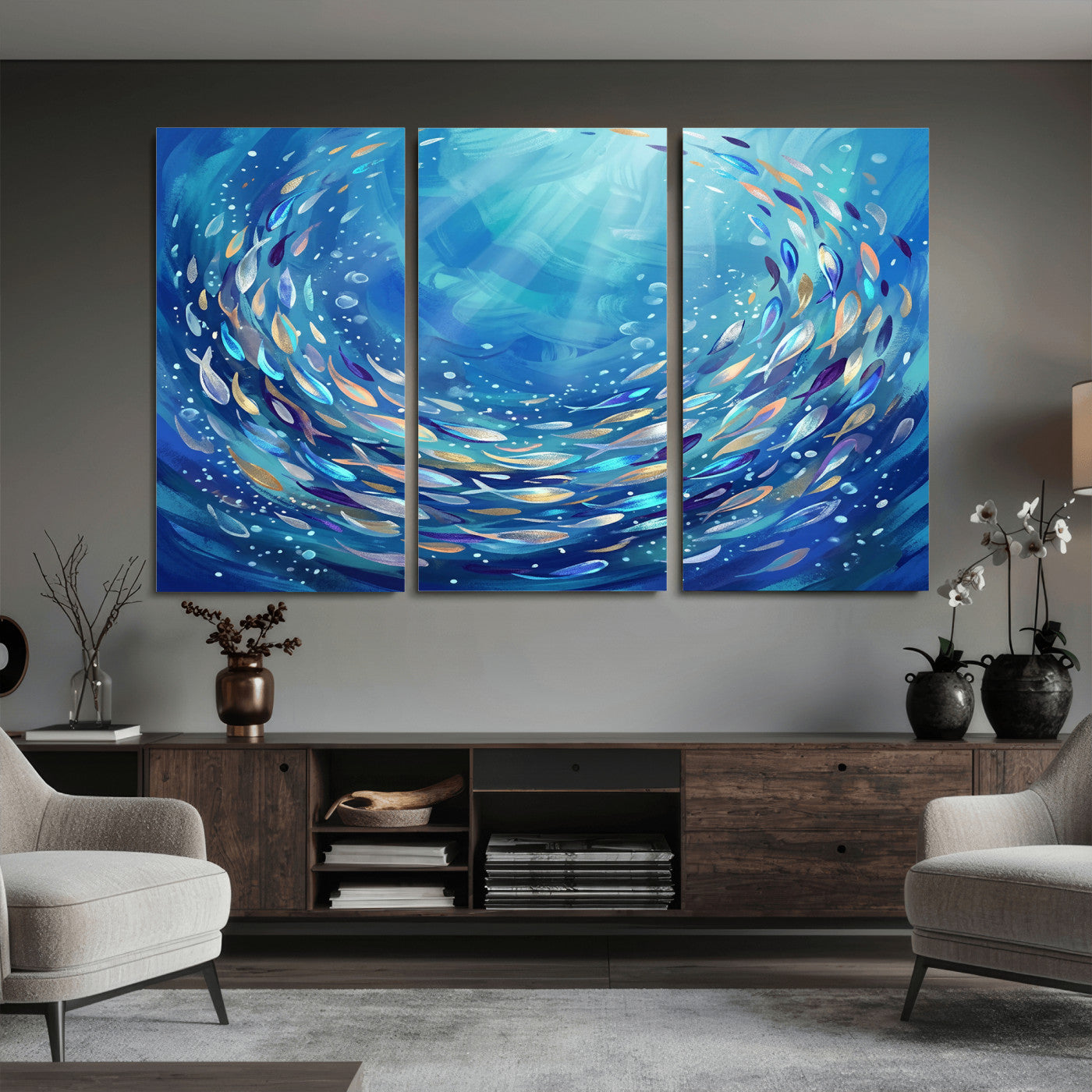 78699899-MGV-CV-36X24 - School of Fish Canvas Print | Blue Ocean Underwater Wall Art | Swirling Fish Shoal Illustration | Marine Navy Coastal Decor