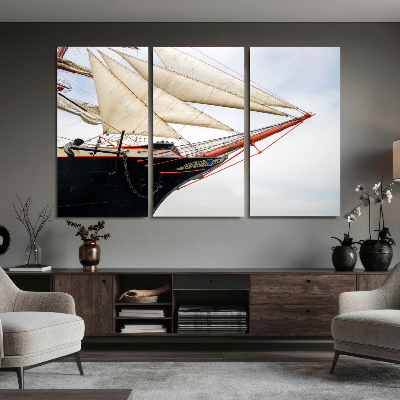 64830036-MGV-CV-36X24 - Sailboat Wall Art Canvas Print, Vintage Ship Bow Framed Artwork, Nautical Sailing Decor for Living Room Office Beach House
