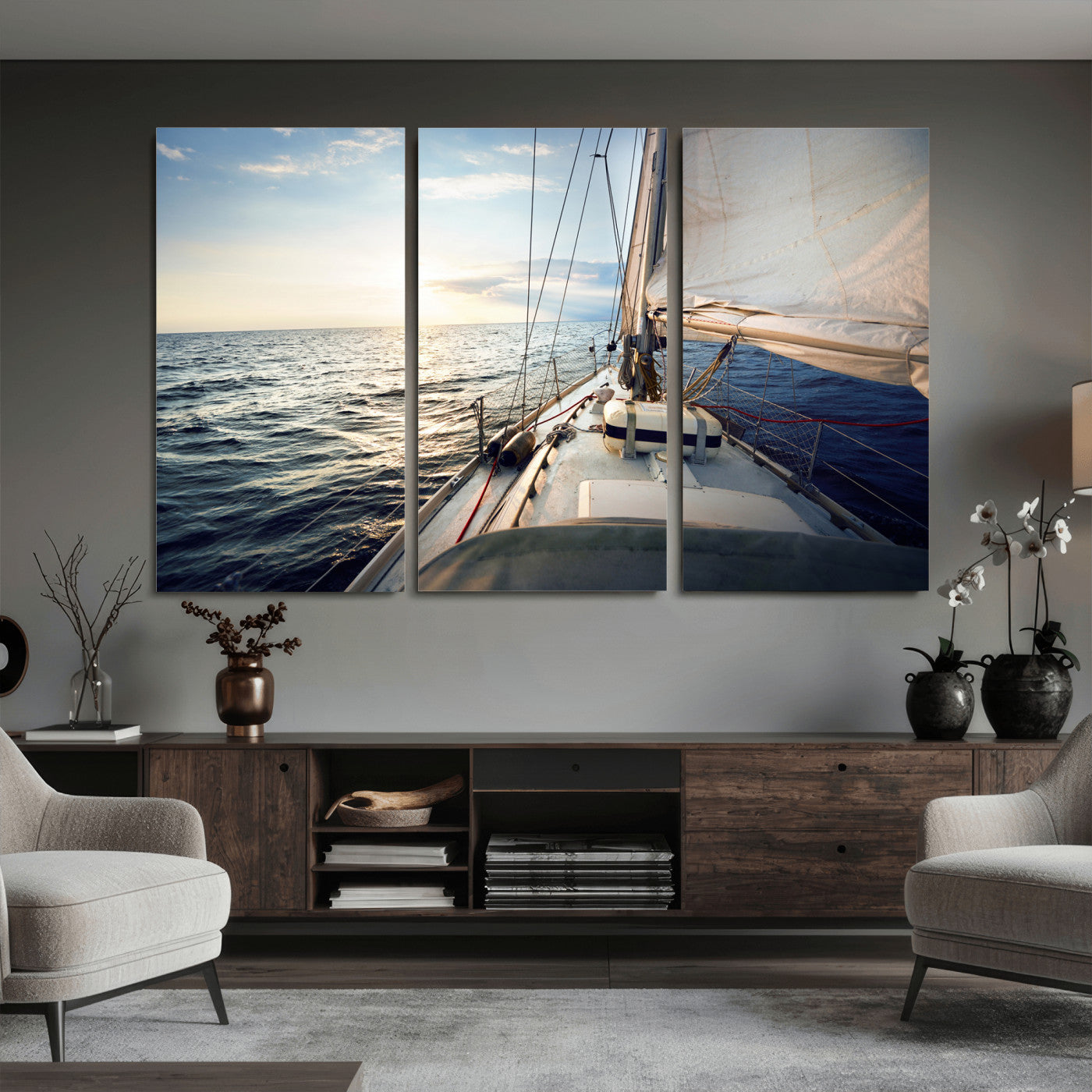 76381335-MGV-CV-36X24 - Sailboat Wall Art Canvas Print, Ocean Sunset Sailing Framed Artwork, Coastal Nautical Seascape Decor for Living Room Office Beach House