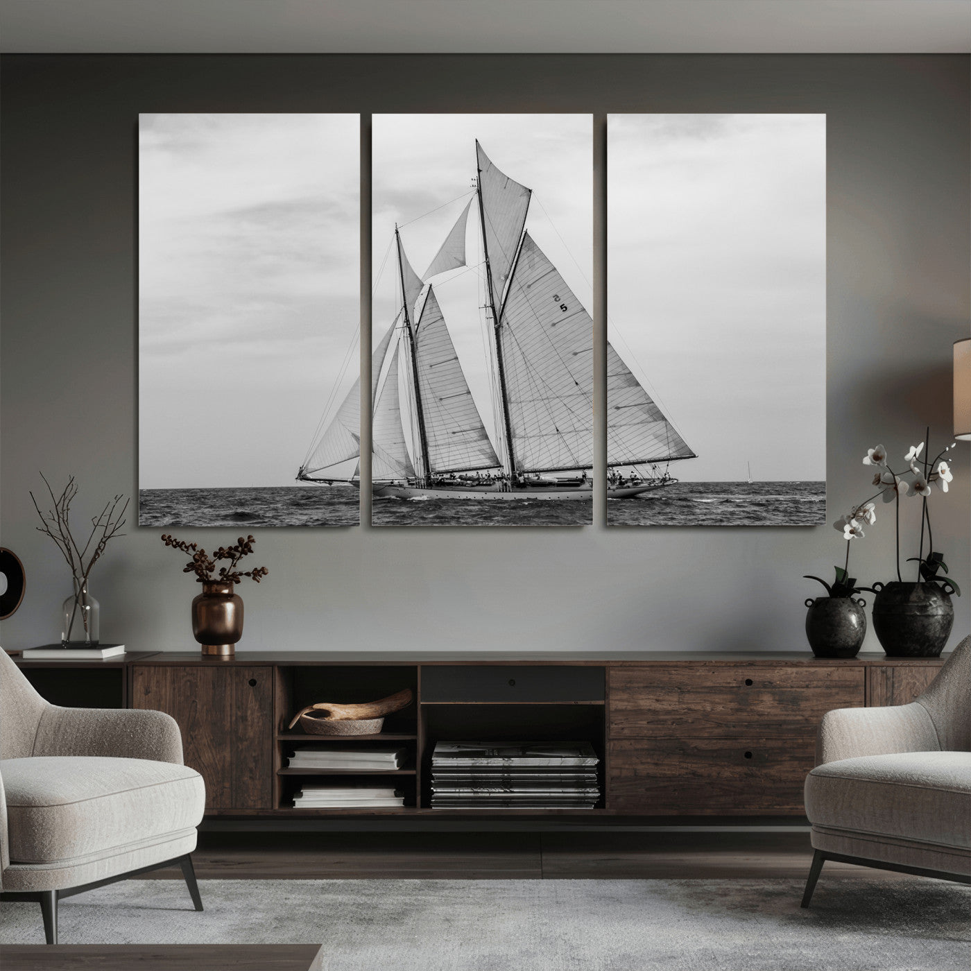 52882918-MGV-CV-36X24 - Vintage Sailboat Wall Art Canvas Print, Black and White Schooner Framed Artwork, Nautical Ocean Sailing Decor for Living Room Office Beach House