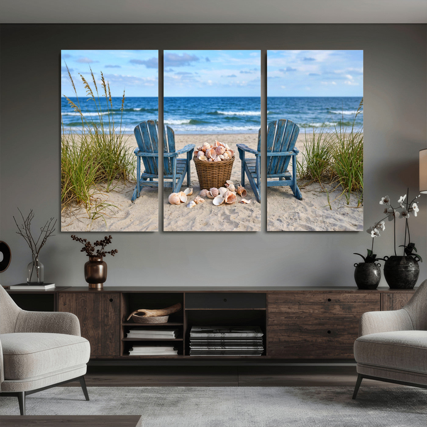 80268829-MGV-CV-36X24 - Large Beach Canvas Wall Art Coastal Adirondack Chairs Ocean Seashells Blue Nautical Framed Large for Living Room Bedroom Bathroom Decor