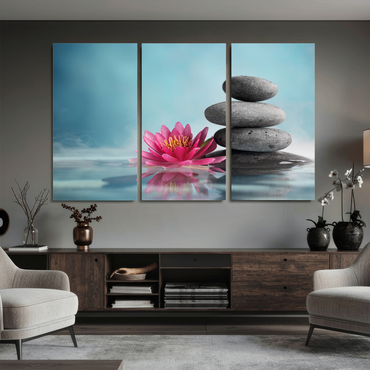 84293154-MGV-CV-36X24 - Zen Canvas Wall Art Lotus Flower Stacked Stones Teal Spa Meditation Relaxation Framed Large for Bathroom Bedroom Living Room Office Decor