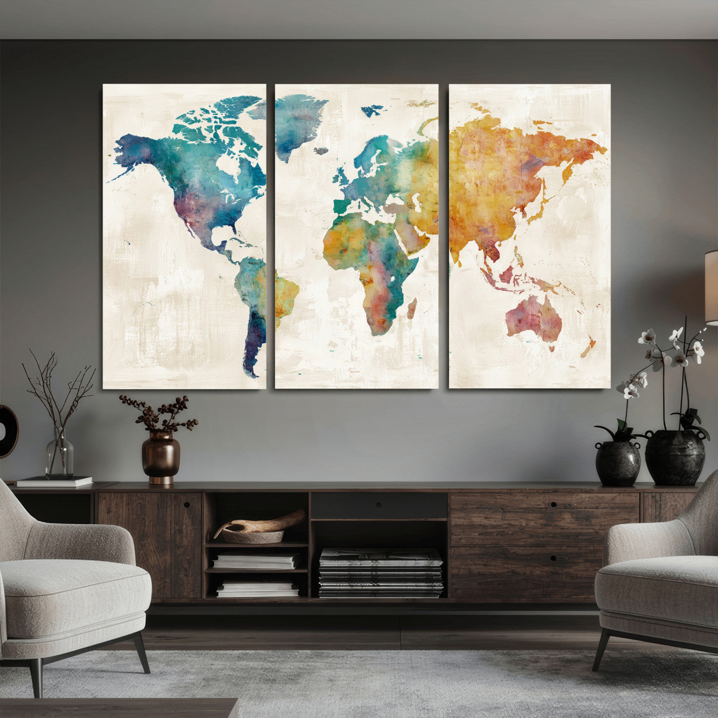 56556018-MGV-CV-36X24 - Watercolor World Map Canvas Wall Art Print – Abstract Colorful Travel Wall Decor