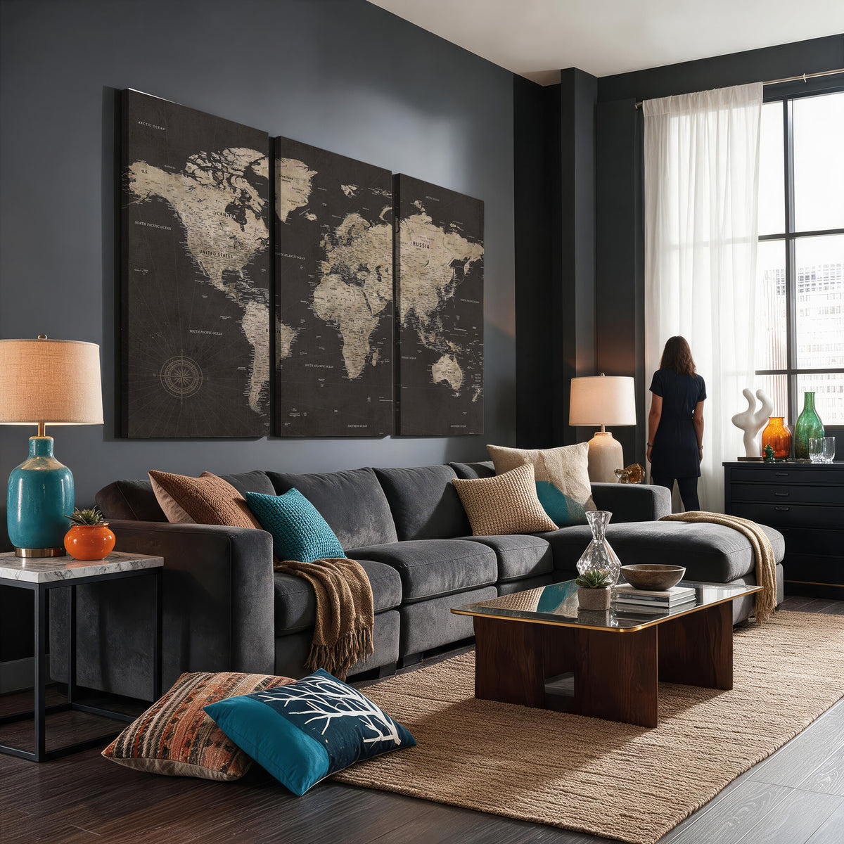 56556018136-MGV-CV-36X24 - World Map Canvas Wall Art, Dark Charcoal and Antique Tan Detailed Map