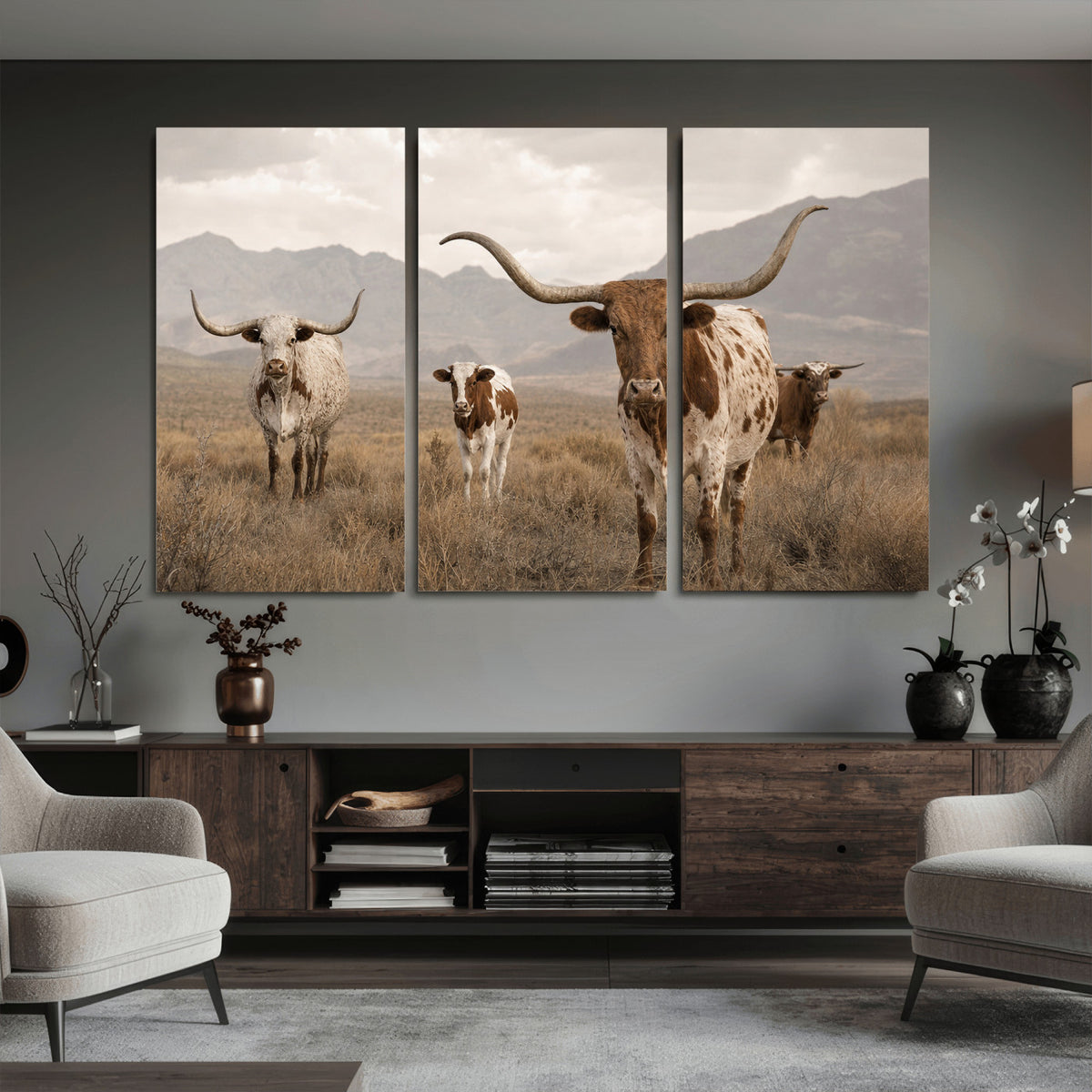 62336425AD-MGV-CV-36X24 - Rustic Texas Longhorn Cow Canvas Wall Art Print, Rustic Farm Animal Photography Print, Farmhouse Country Decor, Western Ranch Art