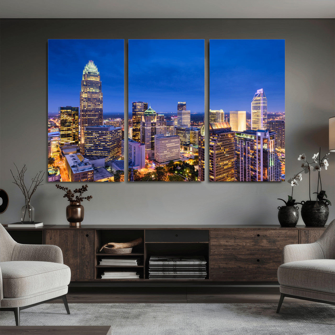 74382190-MGV-CV-36X24 - Charlotte Skyline Canvas Wall Art Print – North Carolina Cityscape Photography Print