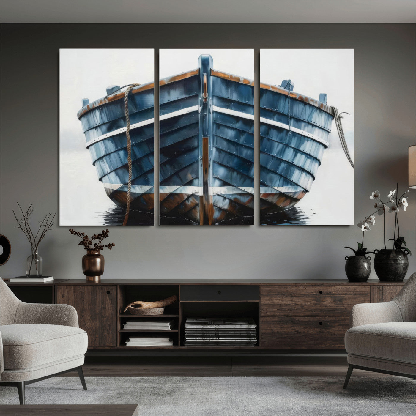 21601740-MGV-CV-36X24 - Blue Wooden Rowboat Canvas Wall Art, Coastal Nautical Boat Painting Print for Lake Beach House Decor, Minimalist Maritime Decor Artwork