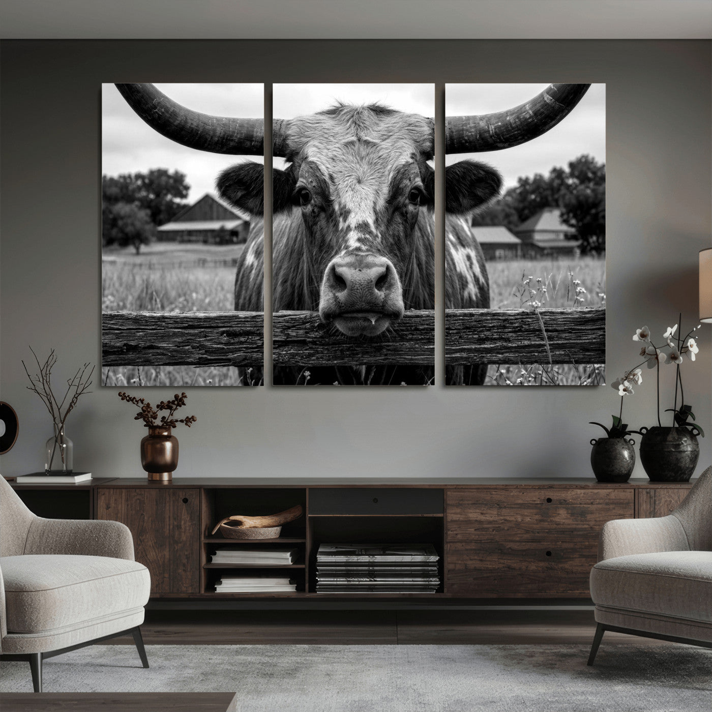 59378683B-MGV-CV-36X24 - Black White Texas Longhorn Bull Canvas Wall Art, Western Ranch Cattle Photography Print, Rustic Farmhouse Cowboy Decor Artwork