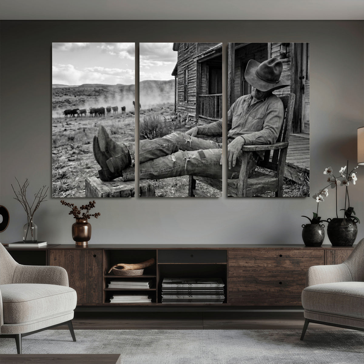 94461975S-MGV-CV-36X24 - Vintage Sleeping Cowboy Wall Art Canvas Print, Western Home Decor