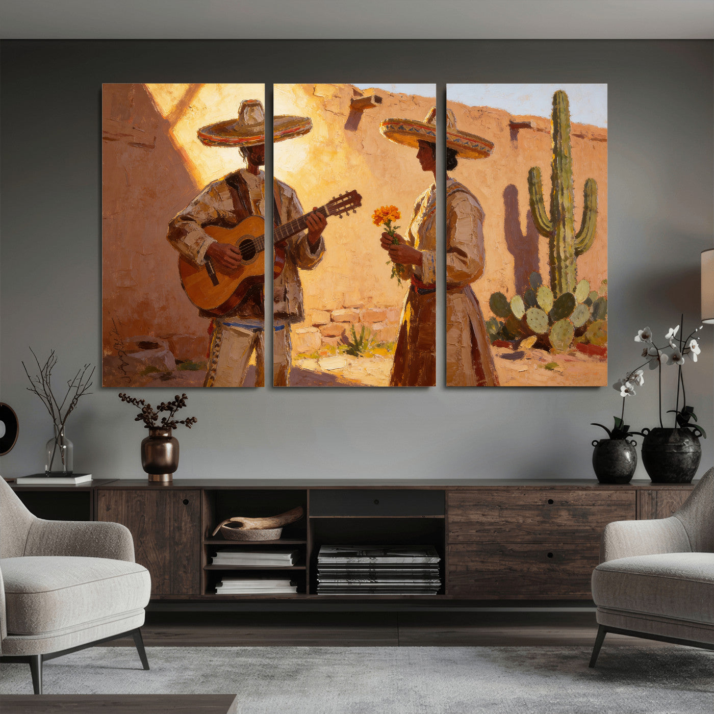 41849005-MGV-CV-36X24 - Mexican Couple Canvas Wall Art, Romantic Serenade Guitar Painting Print, Southwestern Desert Adobe Decor, Warm Golden Folk Art, Living Room Art