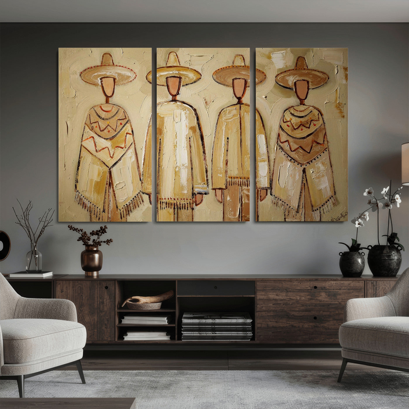 46071653-MGV-CV-36X24 - Mexican Folk Art Canvas Wall Art, Charro Poncho Sombrero Painting Print, Neutral Beige Boho Decor, Southwestern Impasto Style, Living Room Art