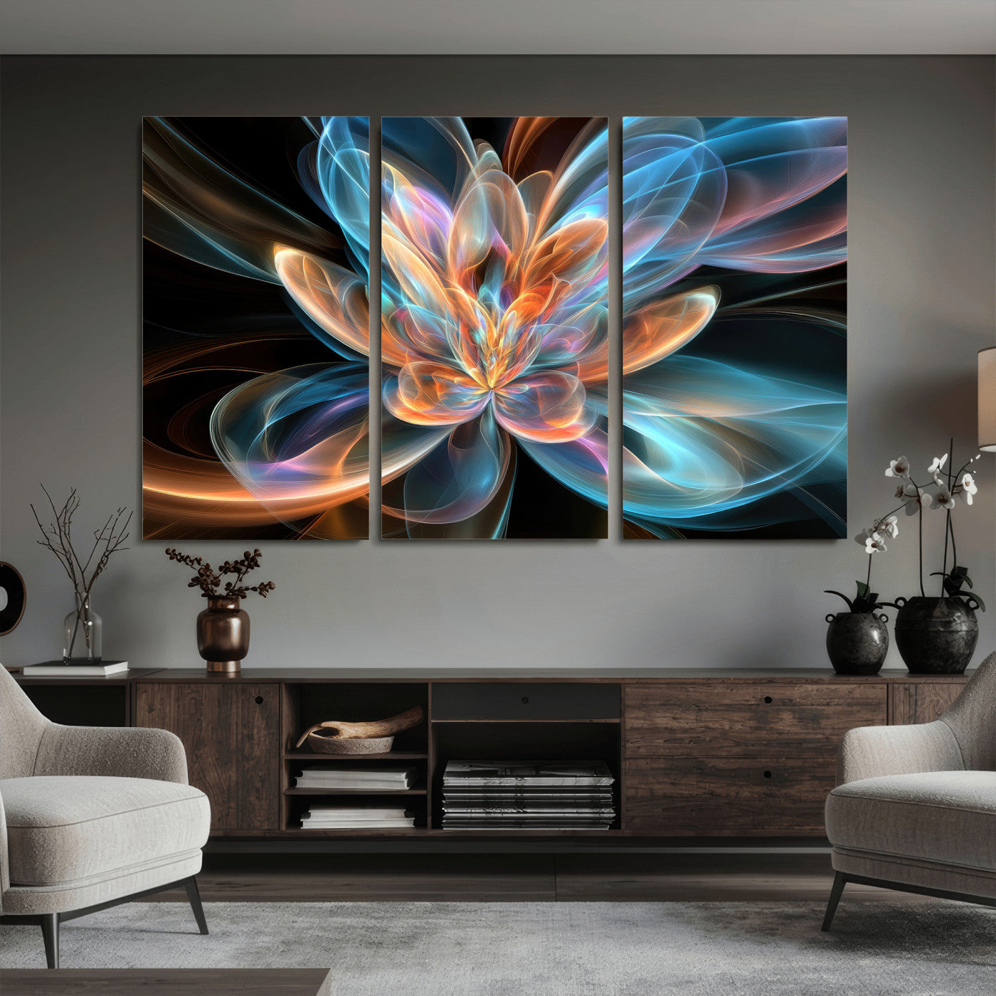 91902283-MGV-CV-36X24 - Fractal Lotus Canvas Wall Art, Blue Orange Glowing Flower Abstract Print, Modern Zen Meditation Room Decor, Ethereal Digital Art, Living Room
