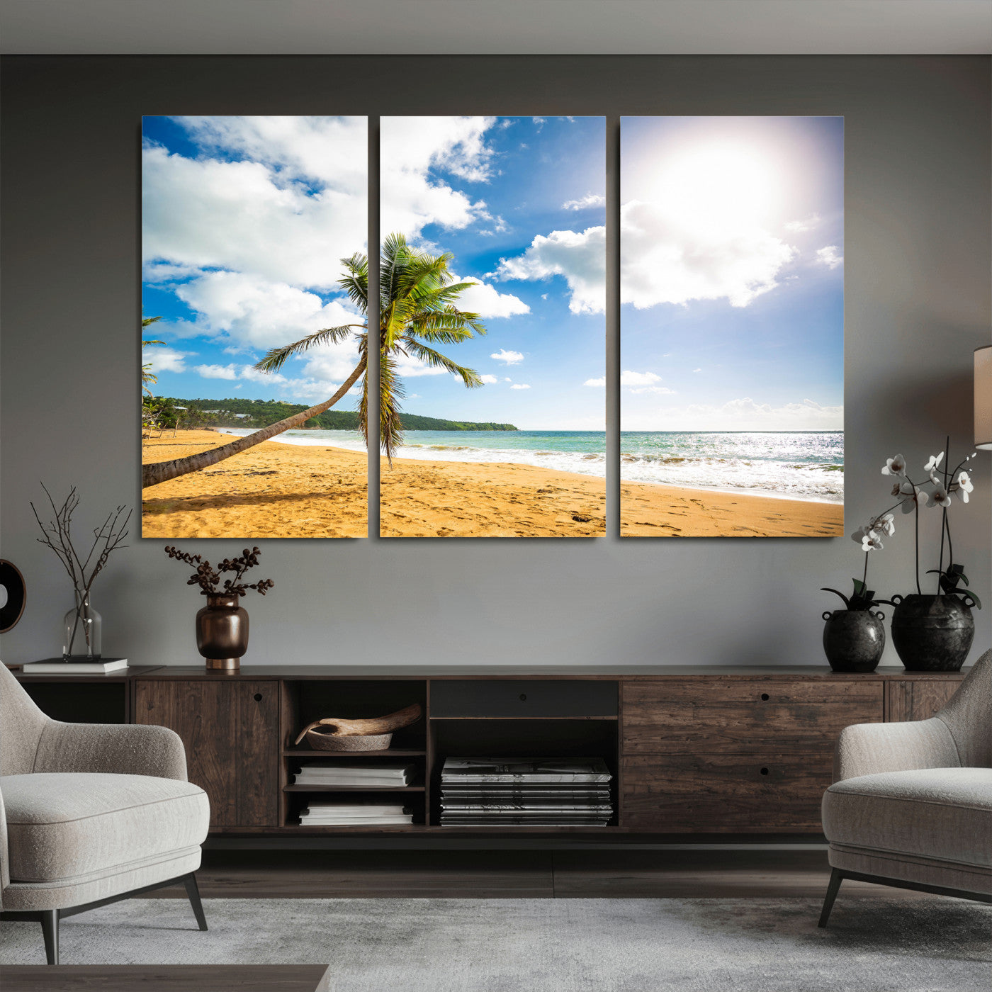 79108949-MGV-CV-36X24 - Tropical Beach Canvas Wall Art, Palm Tree Ocean Photo Print, Coastal Living Room Decor, Turquoise Sea Beach House Art, Summer Wall Art