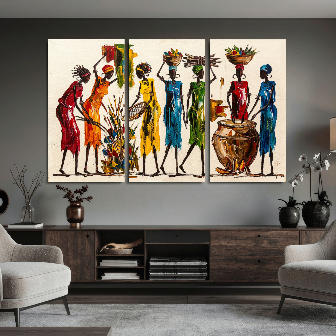 83463154-MGV-CV-36X24 - African Folk Art Canvas Wall Art, Colorful African Women Village Painting Print, Tribal Ethnic Home Decor, Vibrant African Art, Living Room