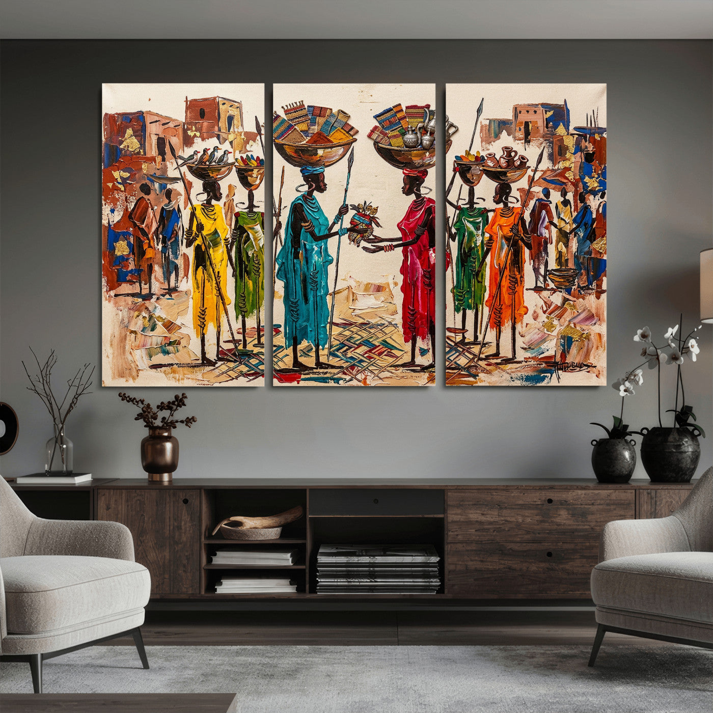 54818657-MGV-CV-36X24 - African Folk Art Canvas Wall Art, Colorful African Women Village Painting Print, Tribal Ethnic Home Decor, Vibrant African Art, Living Room