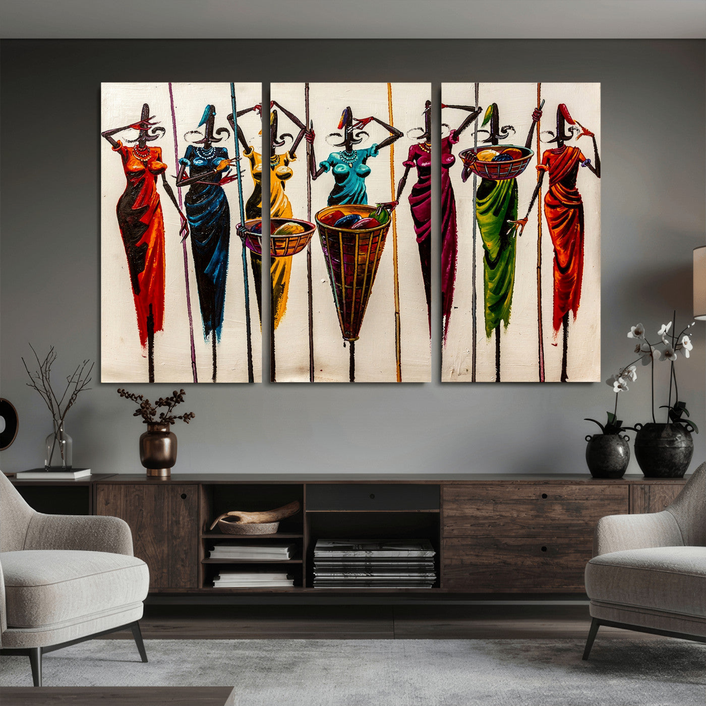 53545627-MGV-CV-36X24 - African Folk Art Canvas Wall Art, Colorful African Women Village Painting Print, Tribal Ethnic Home Decor, Vibrant African Art, Living Room