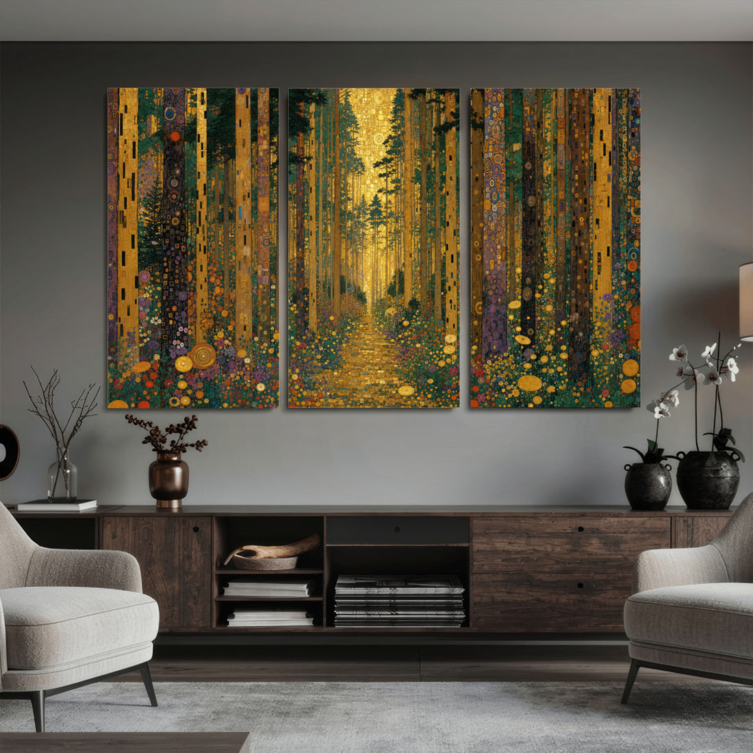 Gustav Klimt Style Forest Canvas Wall Art, Golden Forest Path Floral Art Nouveau Print