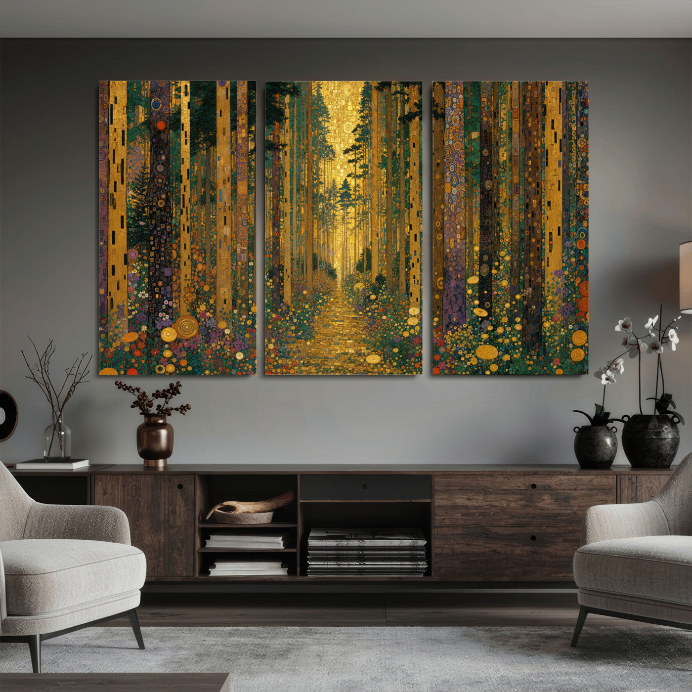 79483321G-MGV-CV-48X32-3P - Gustav Klimt Style Forest Canvas Wall Art, Golden Forest Path Floral Art Nouveau Print, Enchanted Woodland Decor