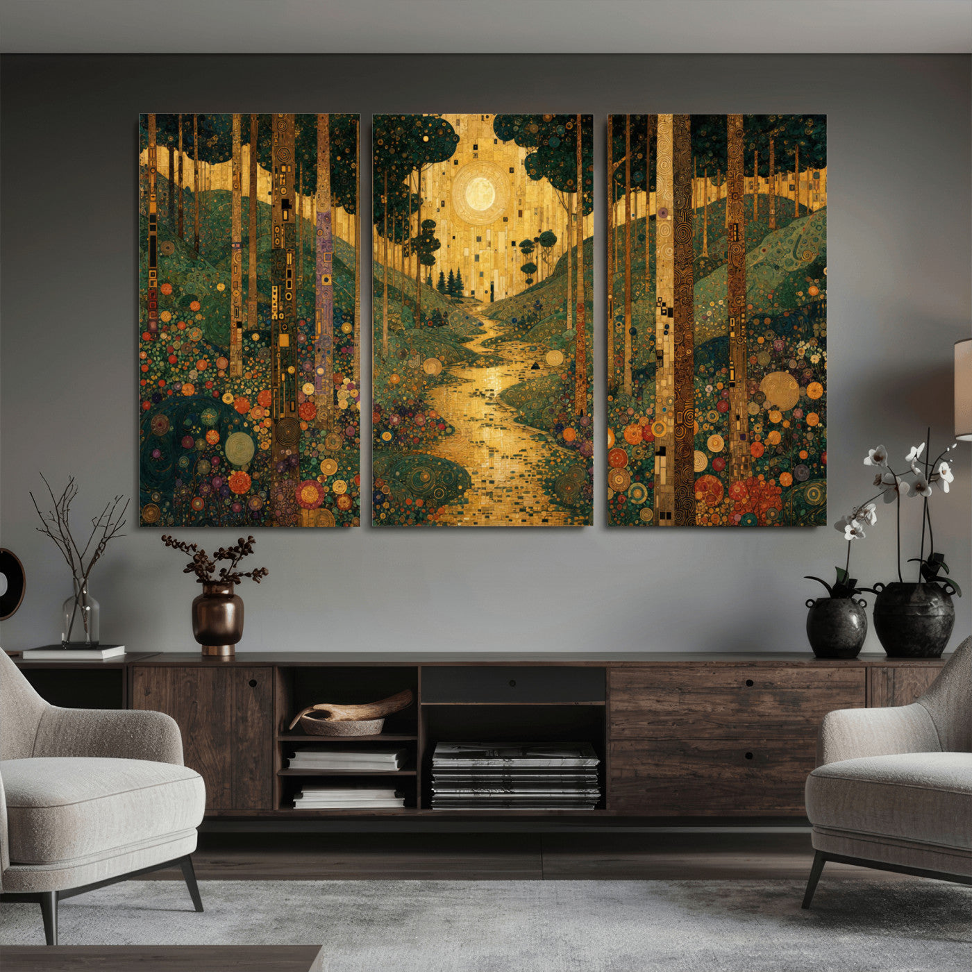 79483321GS-MGV-CV-48X32-3P - Gustav Klimt Style Forest Canvas Wall Art, Golden Forest Path Floral Art Nouveau Print, Enchanted Woodland Decor