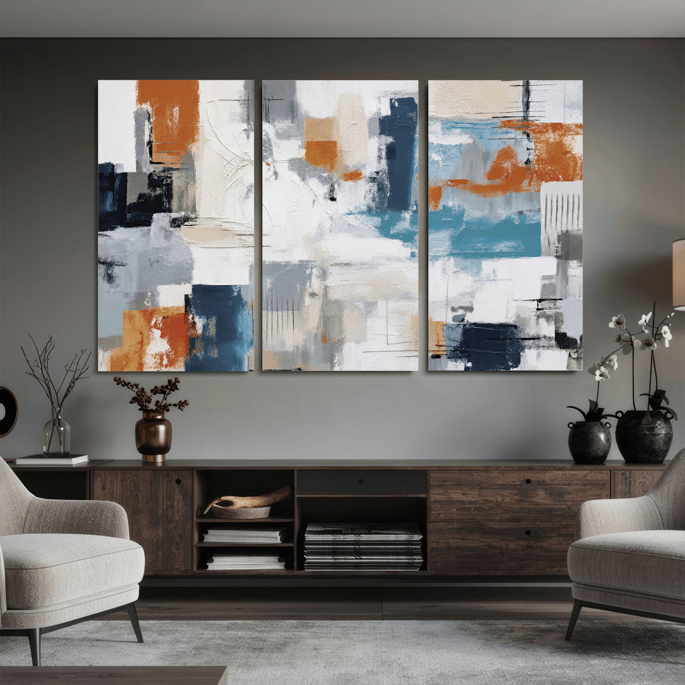 44950303-MGV-CV-36X24 - Blue Teal Abstract Canvas Wall Art, Modern Textured Painting Print, Navy Orange White Contemporary Art, Neutral Living Room Decor, Office Art