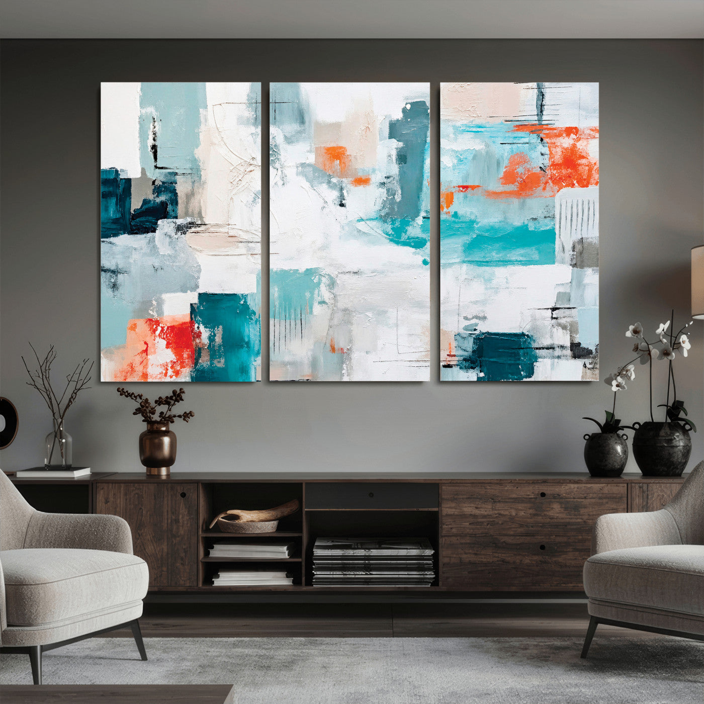 98638479-MGV-CV-36X24 - Blue Teal Abstract Canvas Wall Art | Modern Textured Painting Print, Navy Orange White Contemporary Art, Neutral Living Room Decor, Office Art