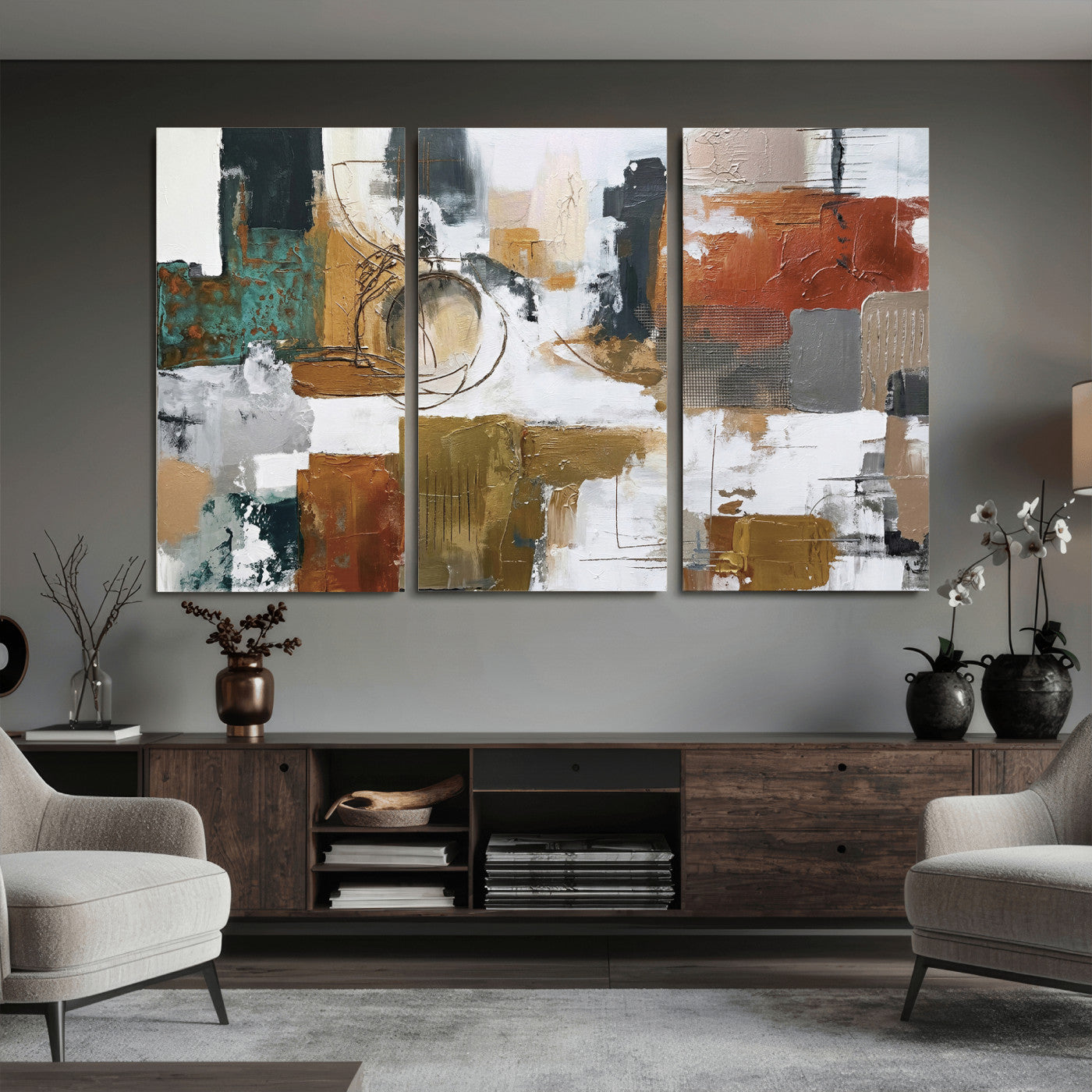50720312-MGV-CV-36X24 - Blue Teal Abstract Canvas Wall Art, Modern Textured Painting Print, Navy Orange White Contemporary Art, Neutral Living Room Decor, Office Art