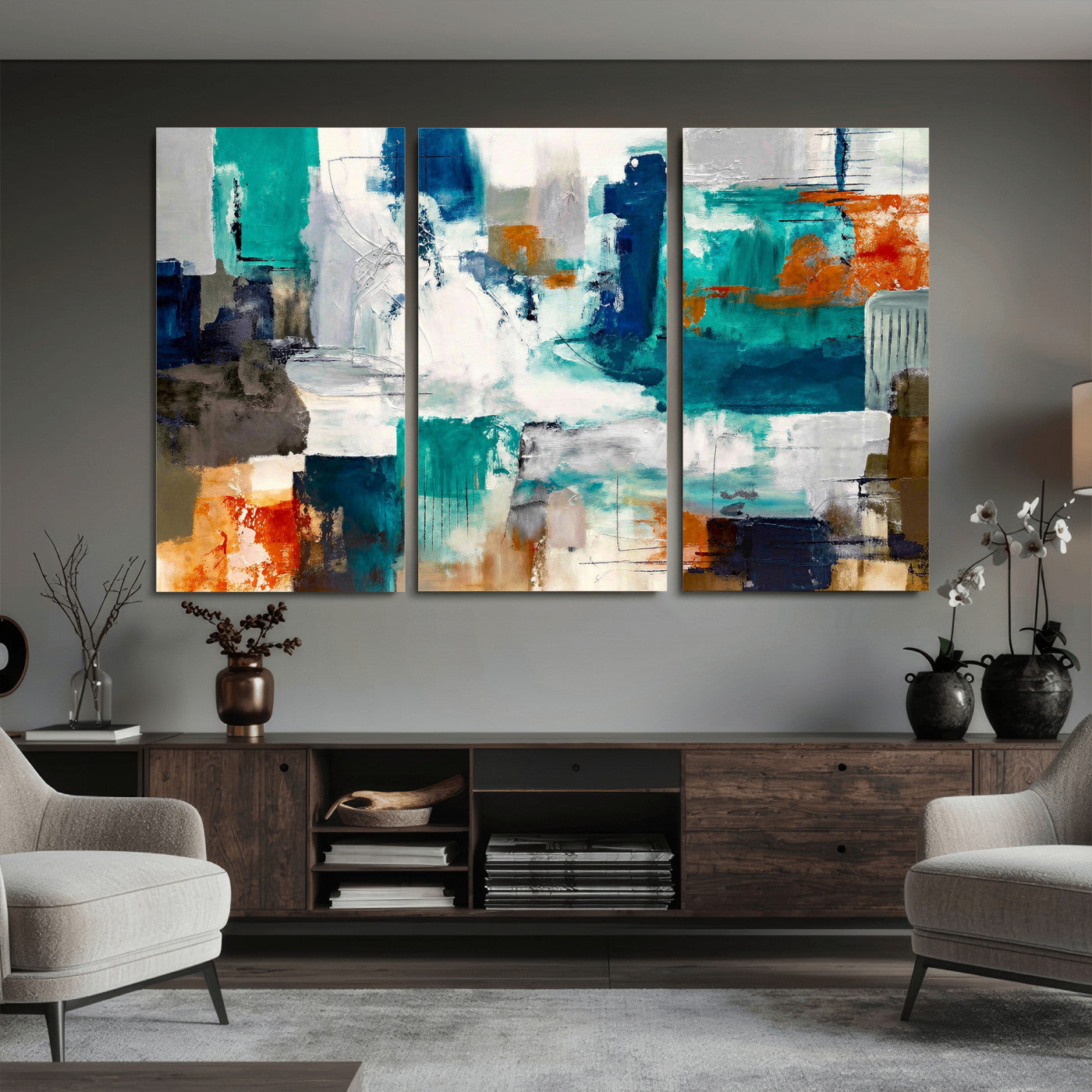 44038089-MGV-CV-36X24 - Blue Teal Abstract Canvas Wall Art, Modern Textured Painting Print, Navy Orange White Contemporary Art, Neutral Living Room Decor, Office Art