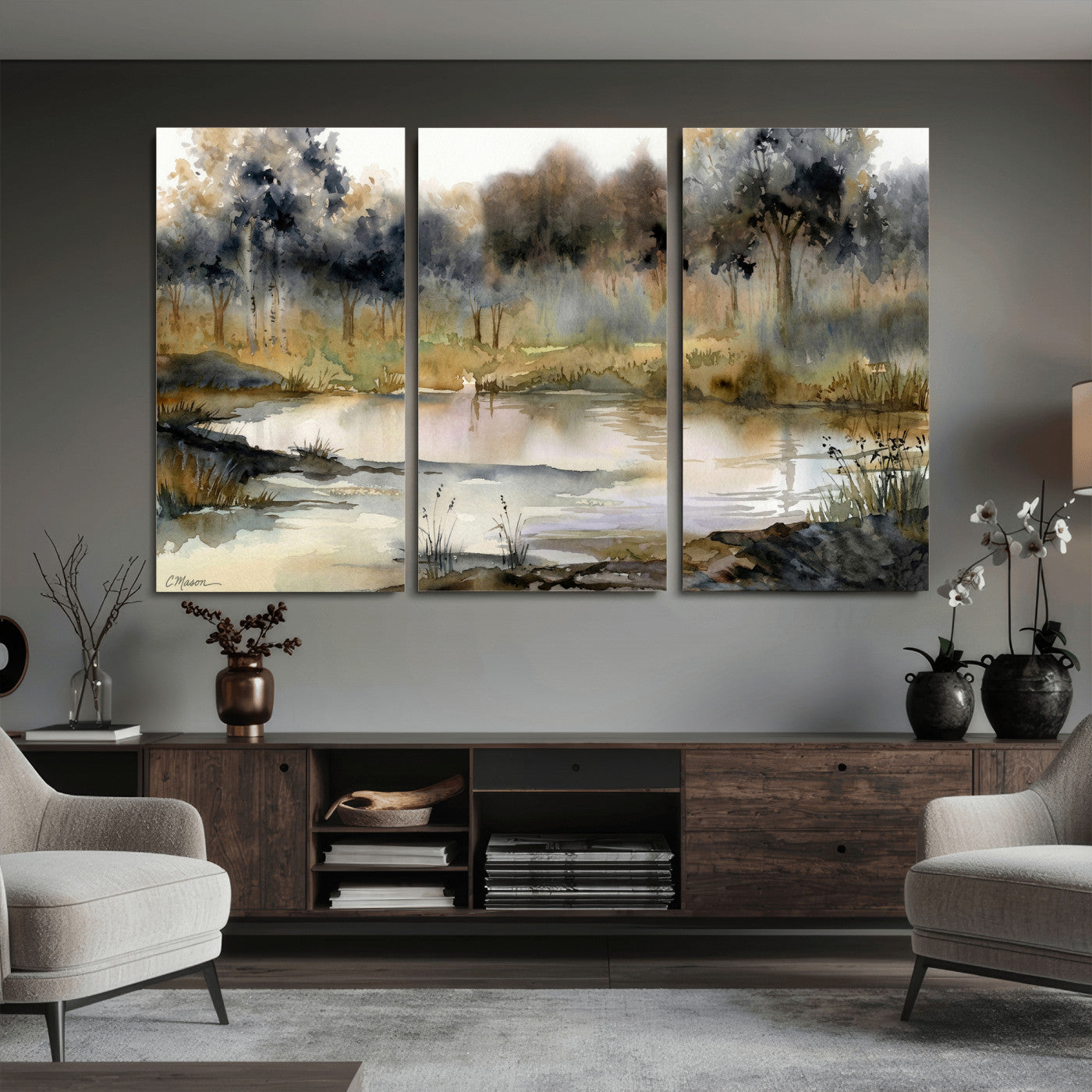 27383609-MGV-CV-36X24 - Abstract WatercolorAutumn Lake Canvas Wall Art Print, Misty Forest Landscape, Rustic Nature Painting, Cabin Wall Decor, Ready to Hang