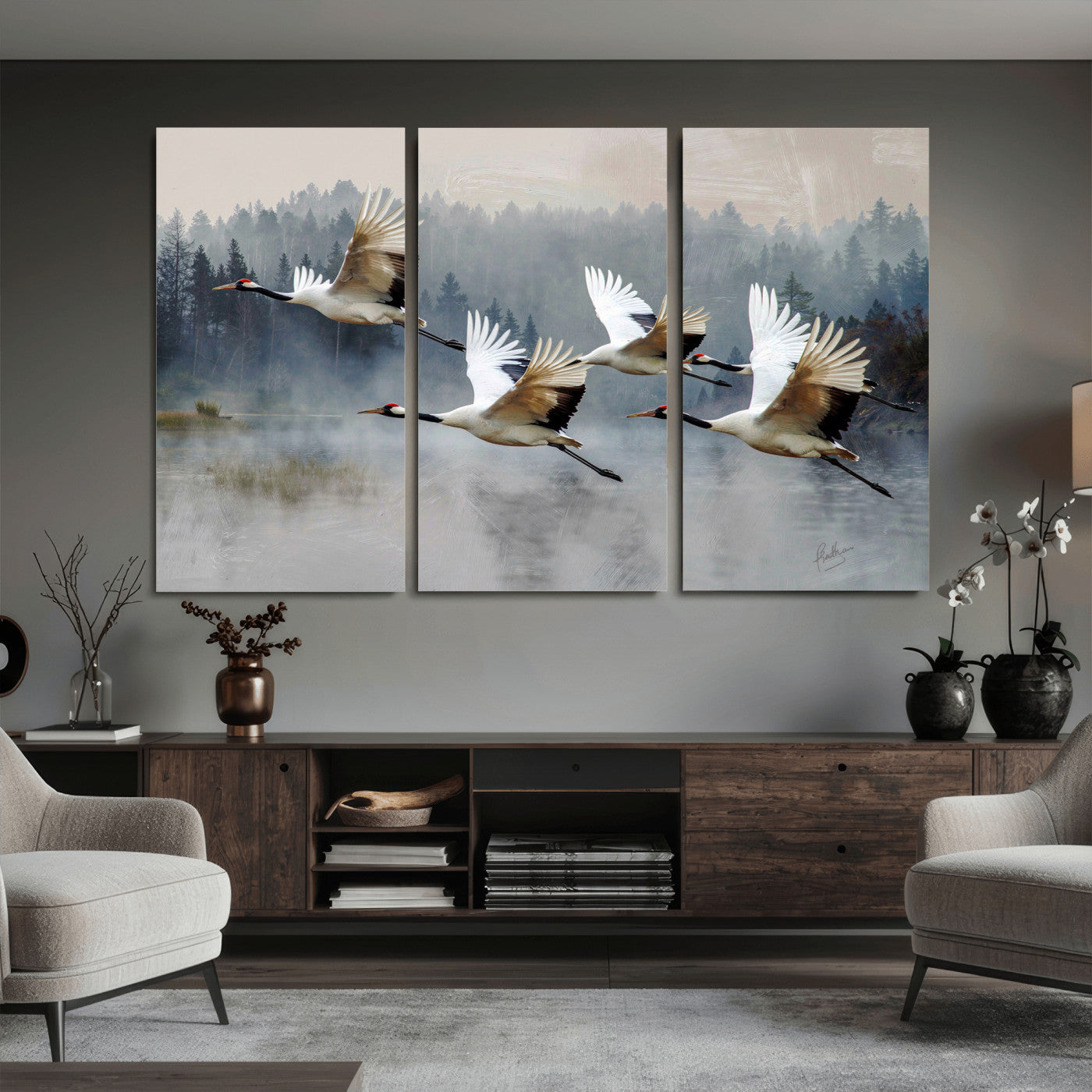 24356826-MGV-CV-36X24 - Flying Crane Canvas Wall Art Print, White Crane Bird Artwork, Wildlife Nature Decor, Lake Landscape Canvas, Ready to Hang
