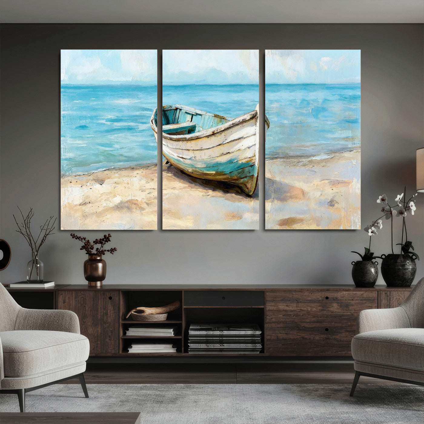 14780565-MGV-CV-36X24 - Coastal Boat Canvas Wall Art Print, Beach Boat Painting, Nautical Ocean Decor, Seascape Wall Art - Ready to Hang