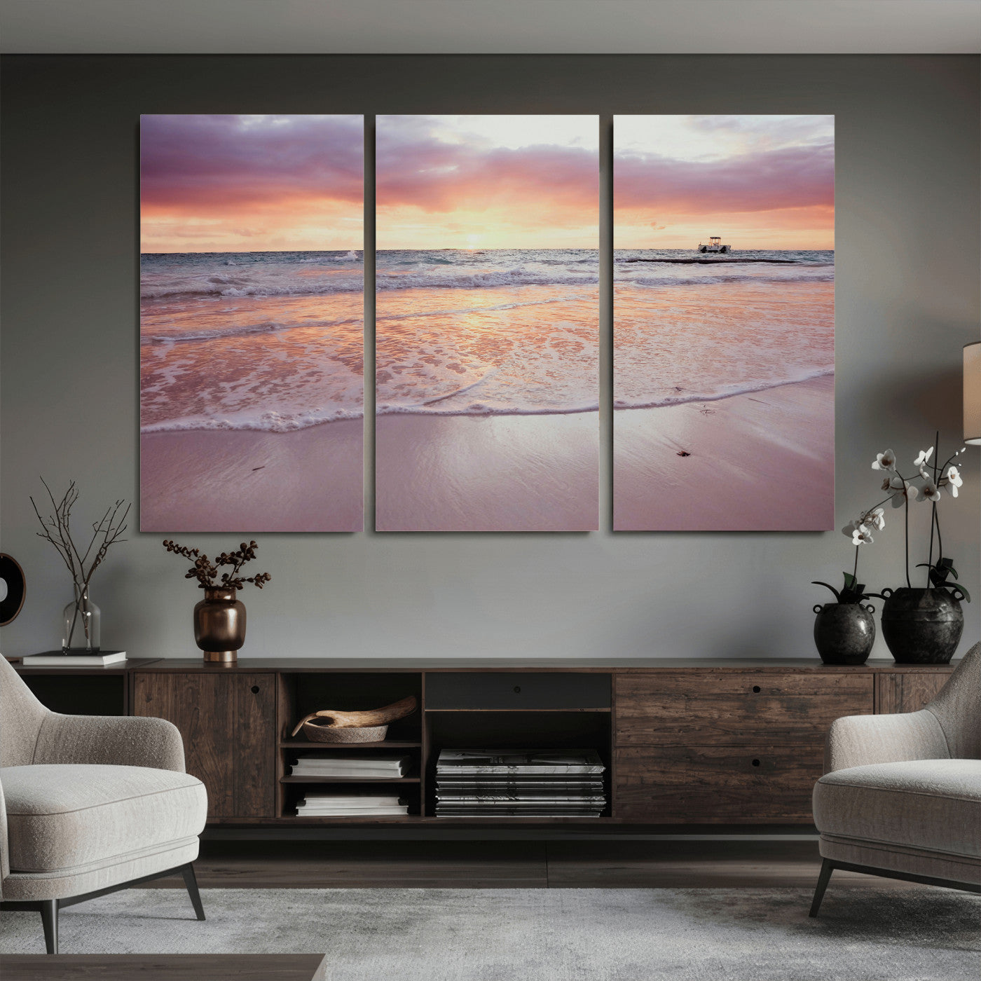 44765395-MGV-CV-36X24 - Beach Sunset Canvas Wall Art Print - Ocean Waves Landscape, Coastal Photography, Seascape Wall Decor, Ready to Hang