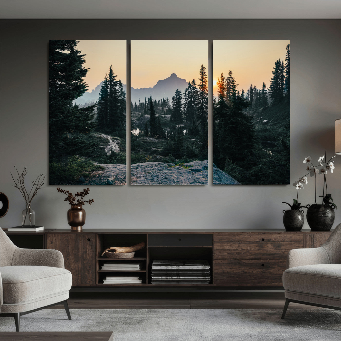 89996020-MGV-CV-36X24 - Mountain Forest Canvas Wall Art Print - Pine Tree Landscape, Sunset Nature Photography, Wilderness Wall Decor, Ready to Hang