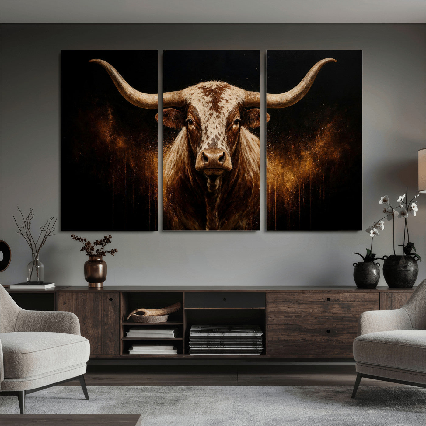 62076449-MGV-CV-48X32-3P - Texas Bull Cow Longhorn Canvas Wall Art Moody Western Bull Oil Painting Print