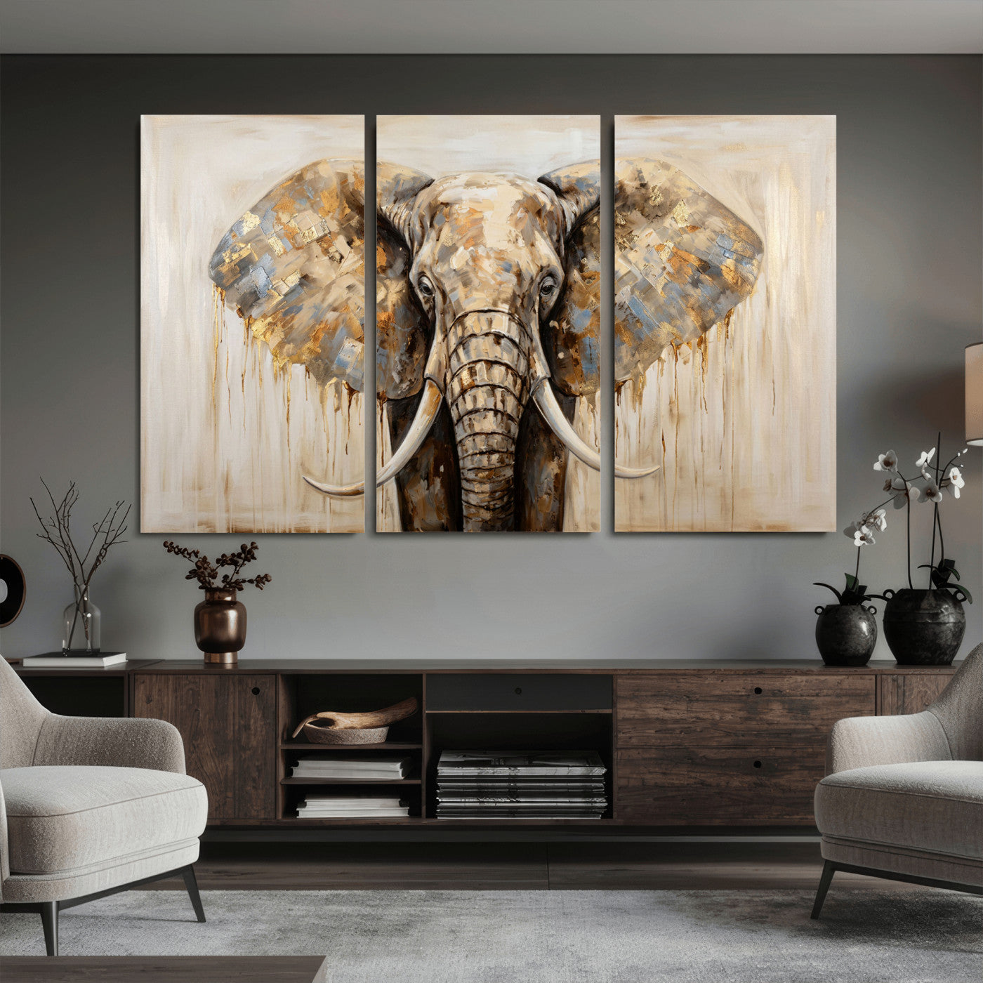 95819221-MGV-CV-36X24 - Gold Leaf Elephant Canvas Wall Art Abstract African Wildlife Painting Print