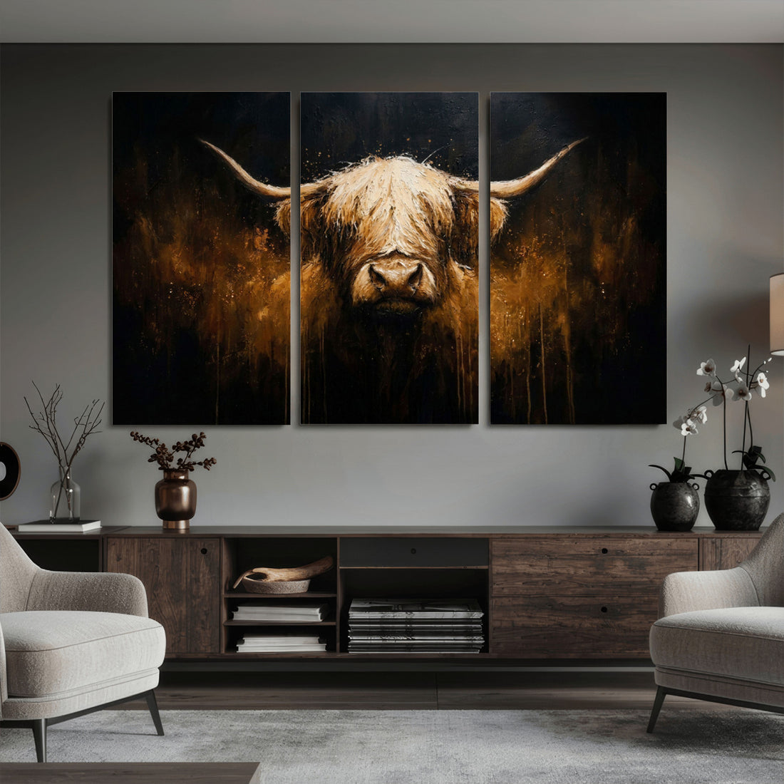 Rustic Highland Cow Canvas Print Dark Farmhouse Cattle Wall Decor