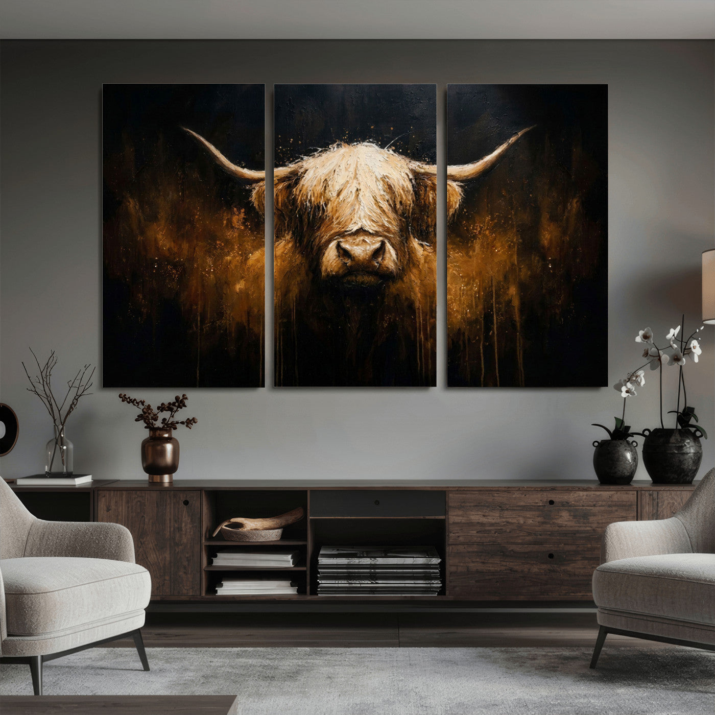 79873059-MGV-CV-36X24 - Rustic Highland Cow Canvas Print Dark Farmhouse Cattle Wall Decor