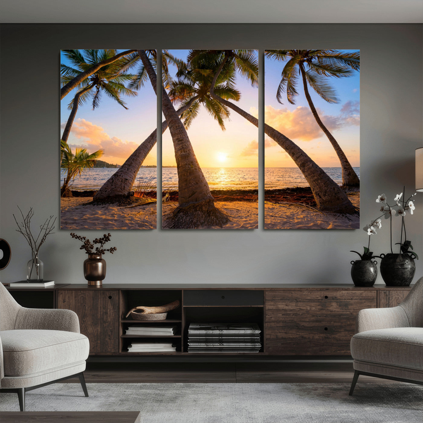 75123213-MGV-CV-36X24 - Tropical Island Coconut Palm Trees Sunset Wall Art Canvas Print - Turquoise Beach Print for Nautical Home Decor