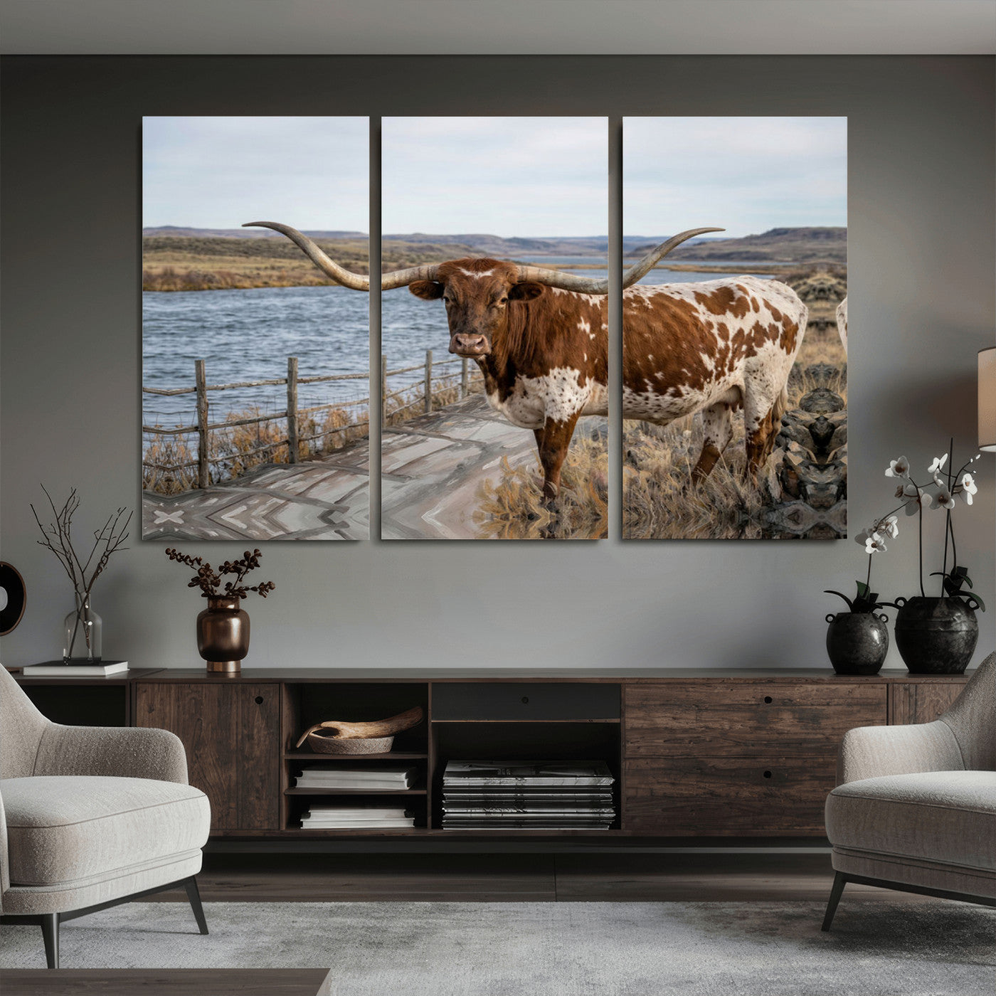 91575949-MGV-CV-36X24 - Texas Longhorn Cattle in Desert Pasture Wall Art Canvas Print - Rustic Western Decor