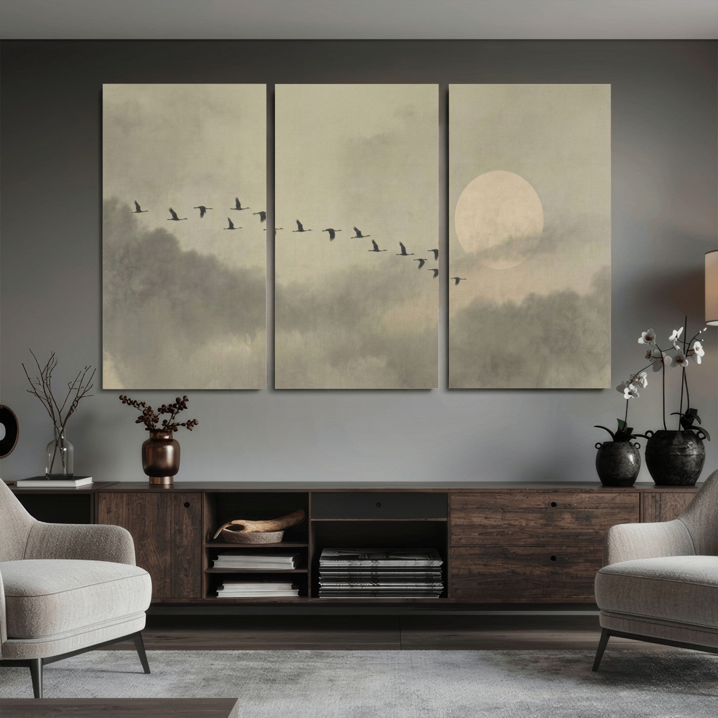 12098149-MGV-CV-36X24 - Flock of Birds Flying to Full Moon Wall Art Canvas Print - Vintage Surreal Clouds Painting