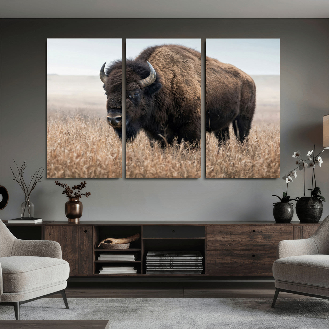 81029583-MGV-CV-36X24 - American Bison in Prairie Field Wall Art Canvas Print - Rustic Wildlife Photography