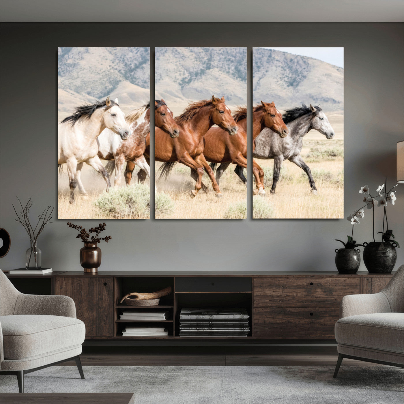 68345893-MGV-CV-36X24 - Five Mustangs Running Wild in Mountain Valley Wall Art Canvas Print - Rustic Western Decor