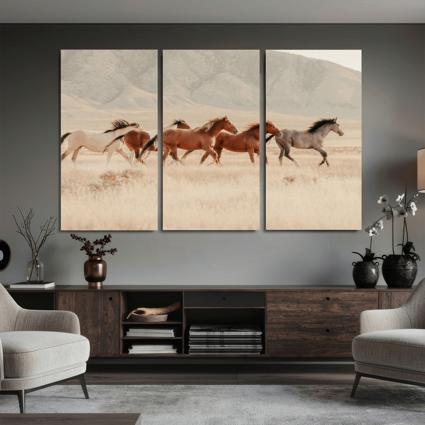 43348446-MGV-CV-36X24 - Herd of Wild Horses Running in Desert Mountain Wall Art Canvas Print - Boho Western Landscape