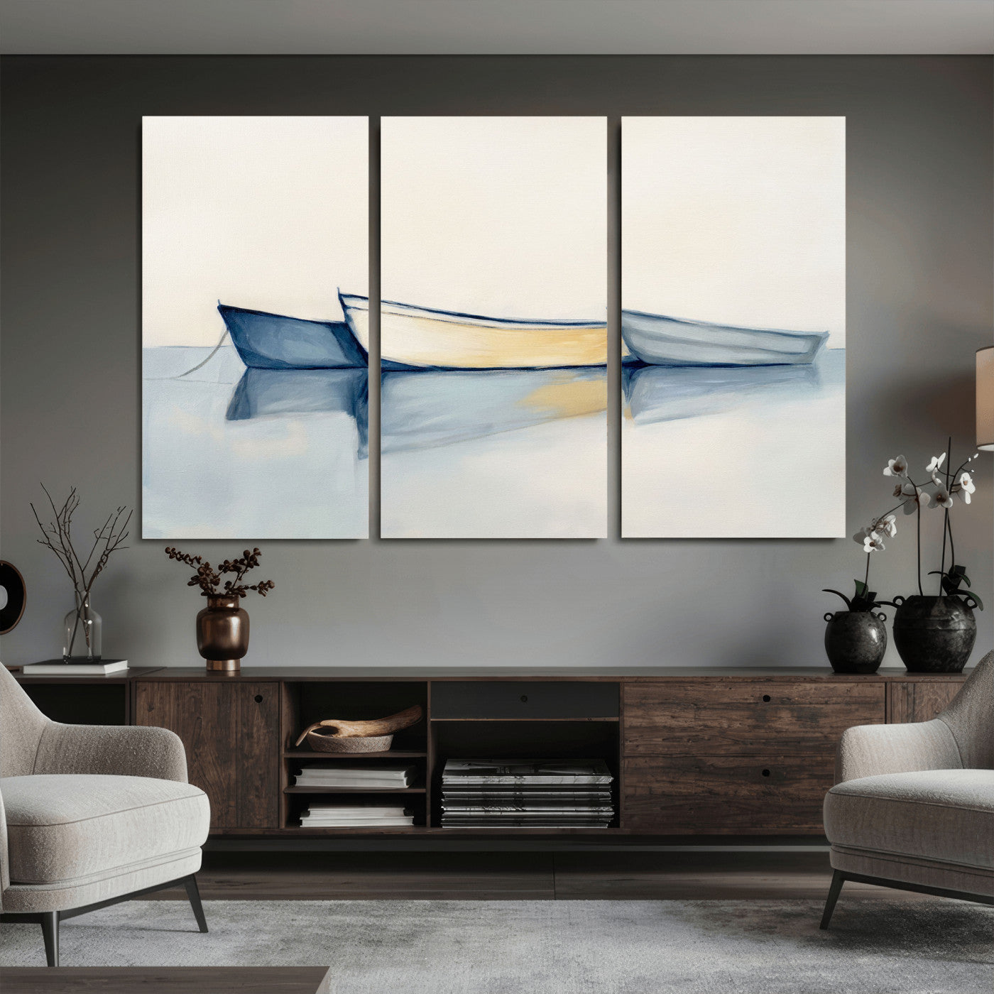 84017361-MGV-CV-36X24 - Abstract Three Boats Reflecting on Water Wall Art Canvas Print - Minimalist Coastal Seascape