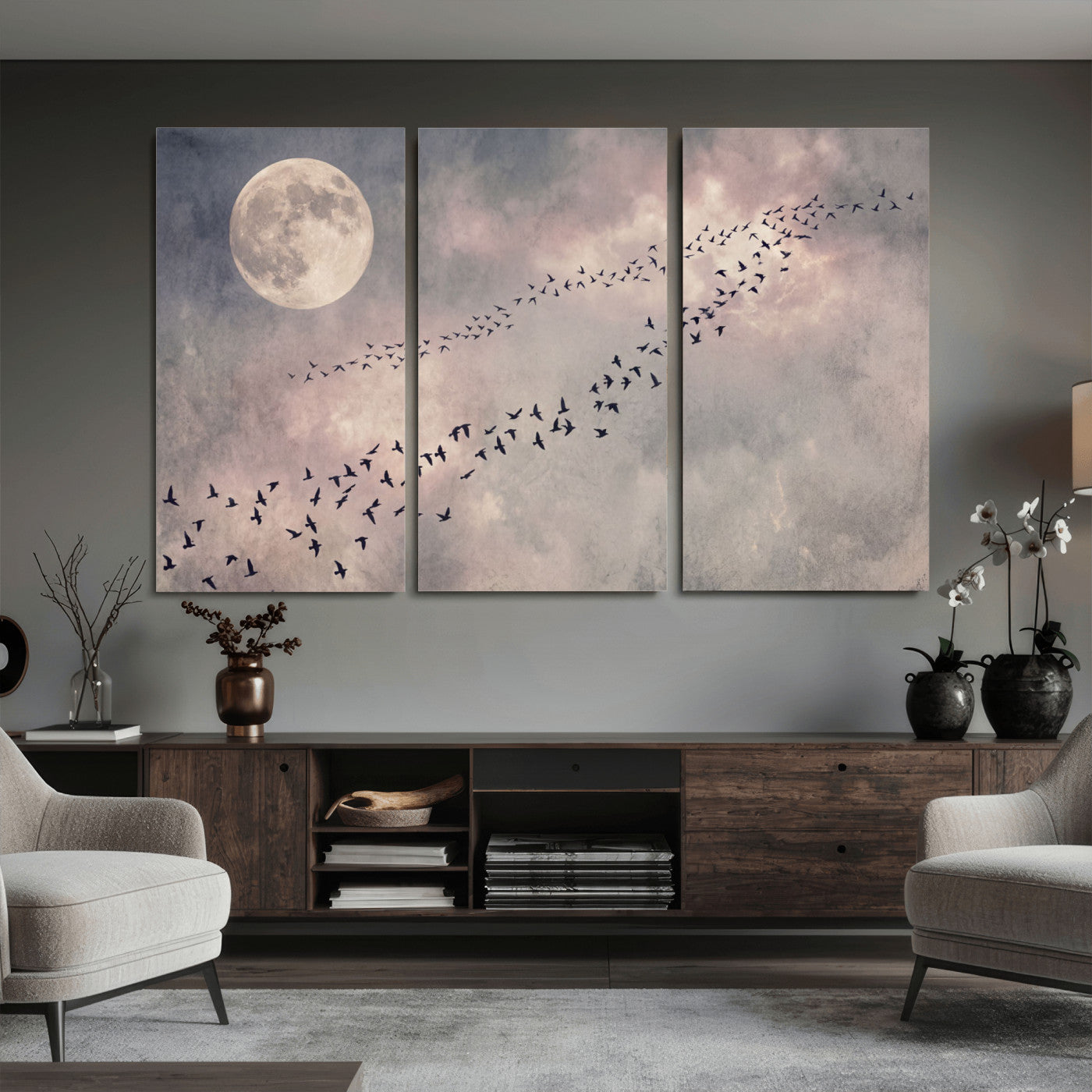52339590-MGV-CV-36X24 - Birds Flying to Moon Wall Art Canvas Print - Vintage Surreal Night Sky Sky Print