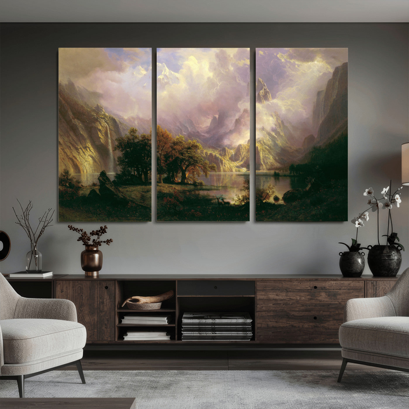 49189463-MGV-CV-36X24 - Albert Bierstadt Rocky Mountain Landscape Wall Art Canvas Print, Classic Fine Art Painting Print