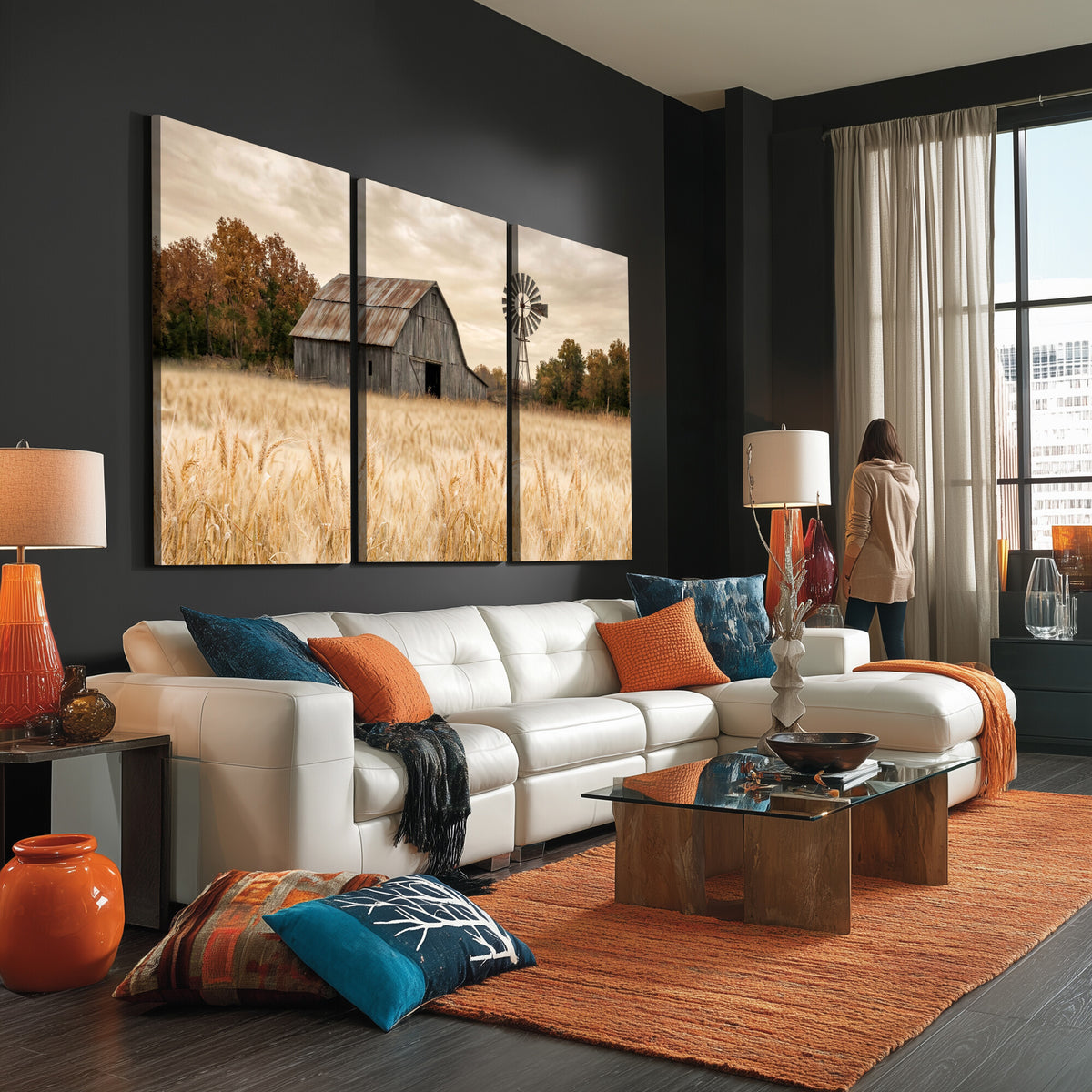 99640659-MGV-CV-36X24 - Rustic Farmhouse Barn and Windmill Wall Art Canvas Print, Country Landscape Photography Print