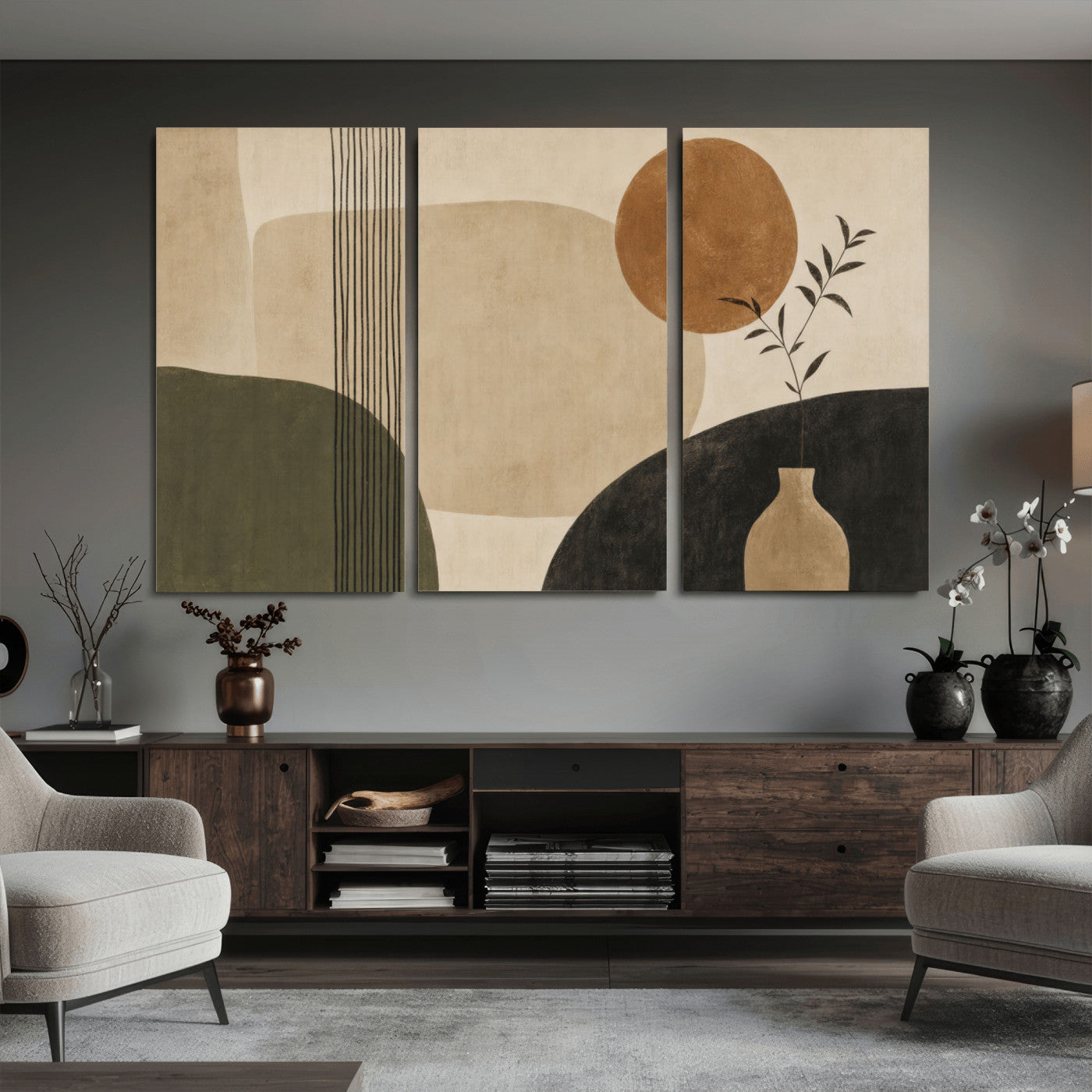 29113684-MGV-CV-36X24 - Japandi Minimalist Abstract Wall Art Canvas Print, Sage Green and Terracotta Sun Botanical Painting Print