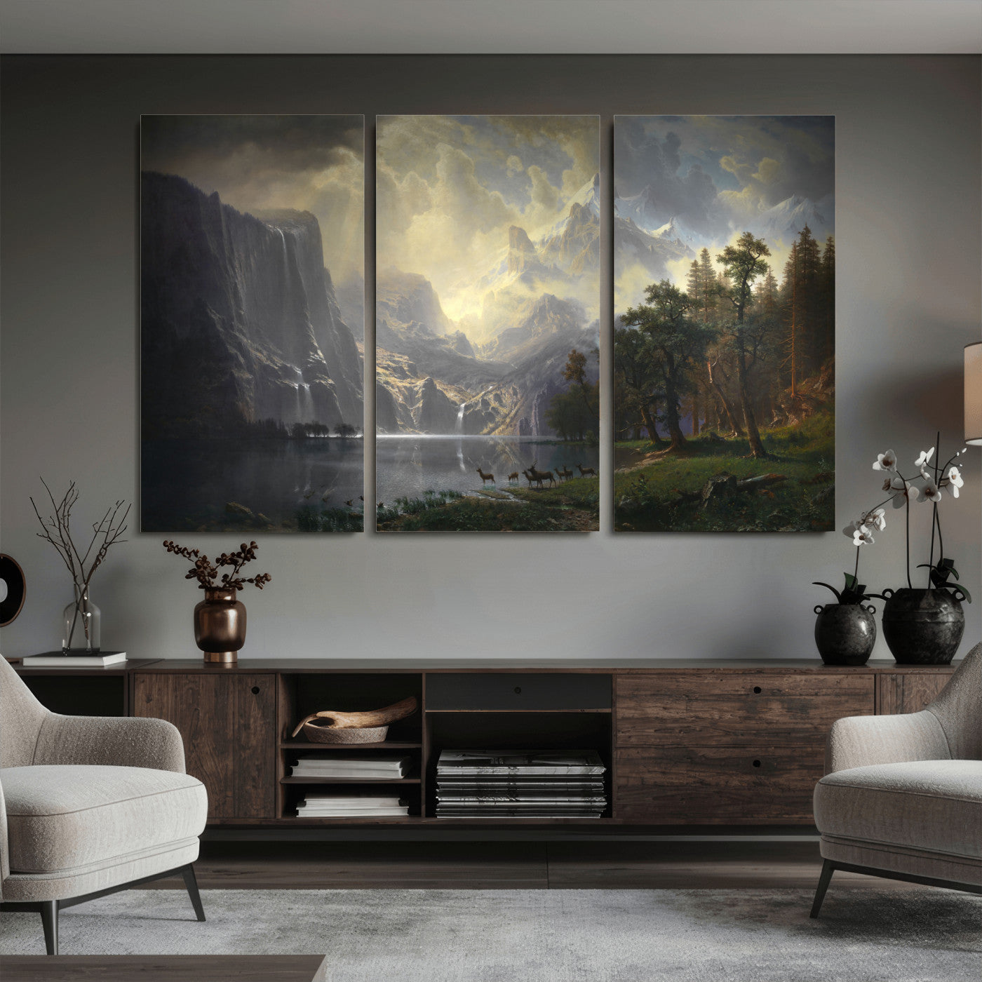 63266254-MGV-CV-36X24 - Albert Bierstadt Among the Sierra Nevada California Wall Art Canvas Print, Landscape Painting Print
